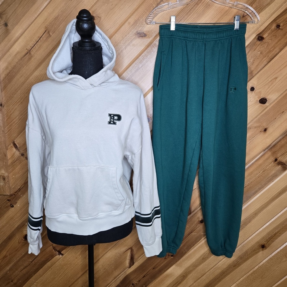 Victorias Secret PINK Hoodie (S) Sweat Pants (XS) Green Cream Sweat Suit Logo‎